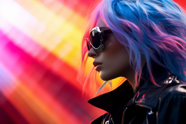 a woman with bright blue hair and sunglasses