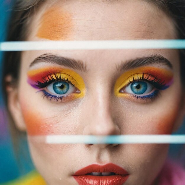 a woman with bright eyes and a colorful make up on her face