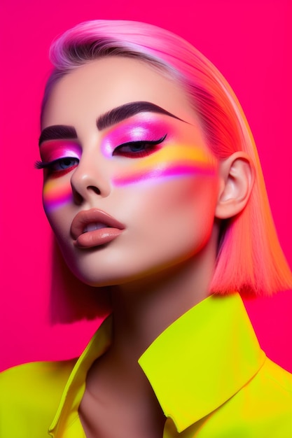 A woman with bright makeup on a pink background