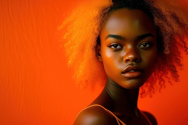 A woman with a bright orange background