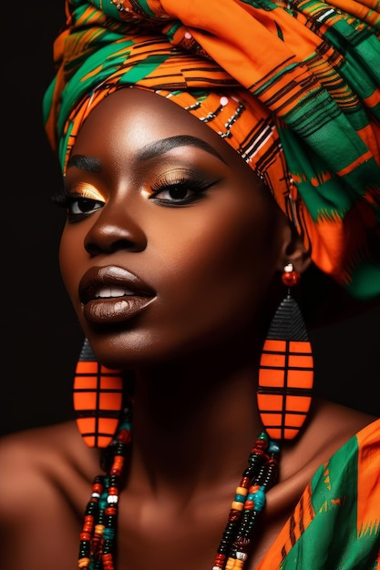 A woman with a bright orange dress and gold eyeshadow