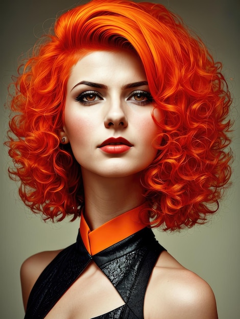 A woman with bright orange hair and a black top.