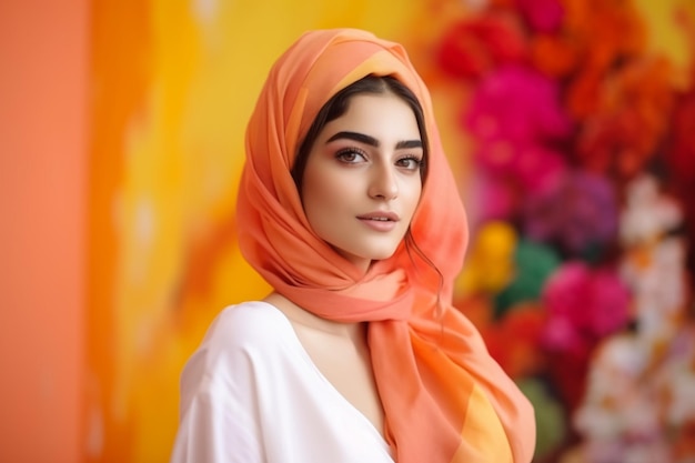 A woman with a bright orange scarf stands in front of a colorful background