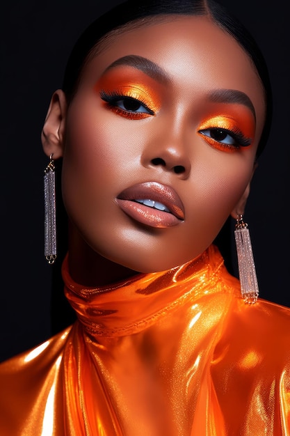 A woman with a bright orange skin tone and a bright orange eye shadow