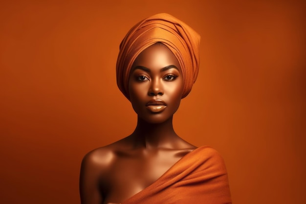 A woman with a bright orange turban on her head