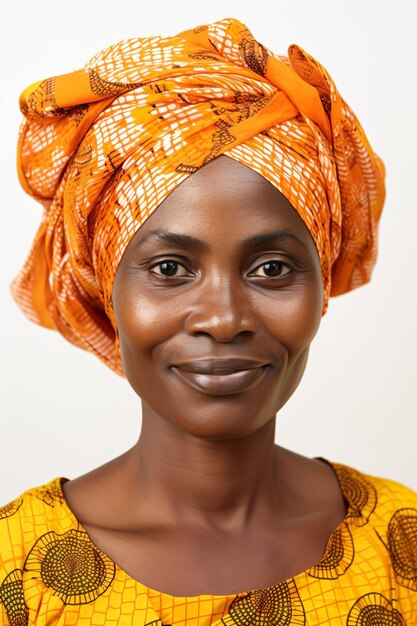 a woman with a bright orange turban on her head