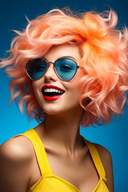 Женщина с ярко-розовыми волосами и солнцезащитными очками на лице Генеративный ИИ