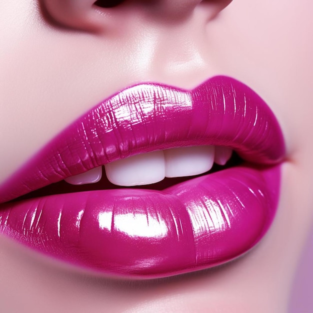 Foto una donna con un rossetto rosa brillante e un lucido per le labbra rosa