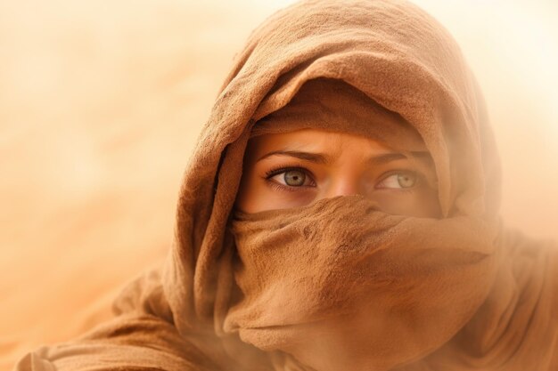 Foto una donna con un panno marrone che copre il viso