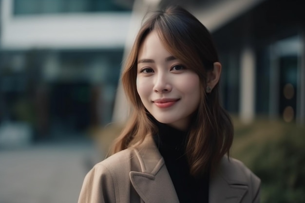 A woman with a brown coat and a black turtleneck stands in front of a building.