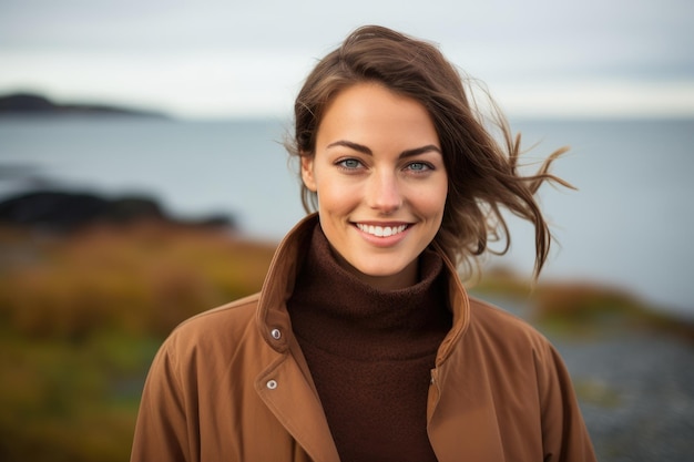 a woman with a brown coat and a brown turtle neck