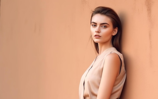 A woman with a brown dress stands against a wall.