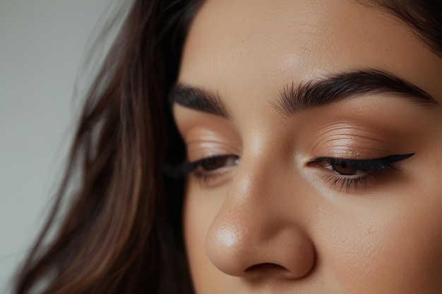 Photo a woman with brown eyes and a brown eye with a white background