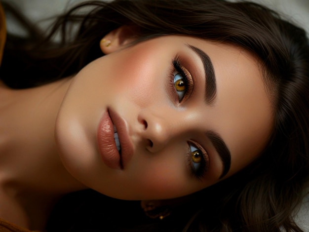 a woman with brown eyes and a gold eye shadow