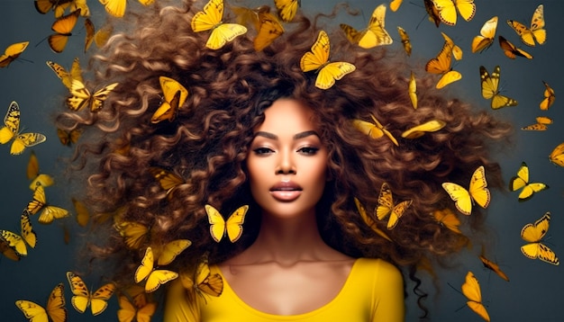 A woman with brown hair and butterflies on her hair