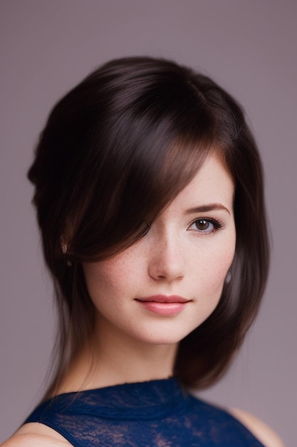 A woman with brown hair and freckles looks into the camera.