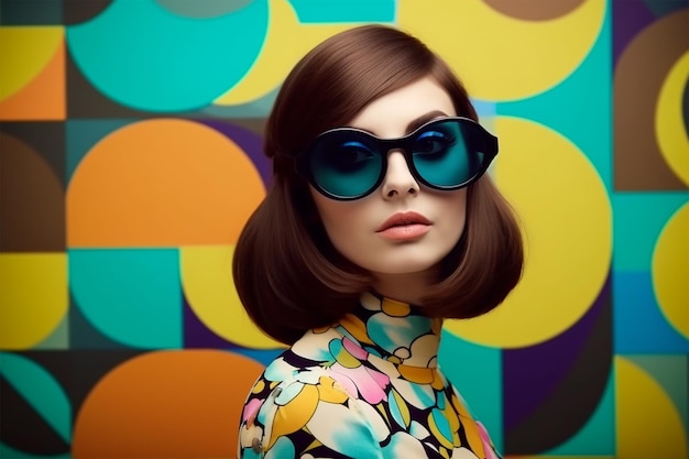 A woman with brown hair and glasses stands in front of a colorful wall.