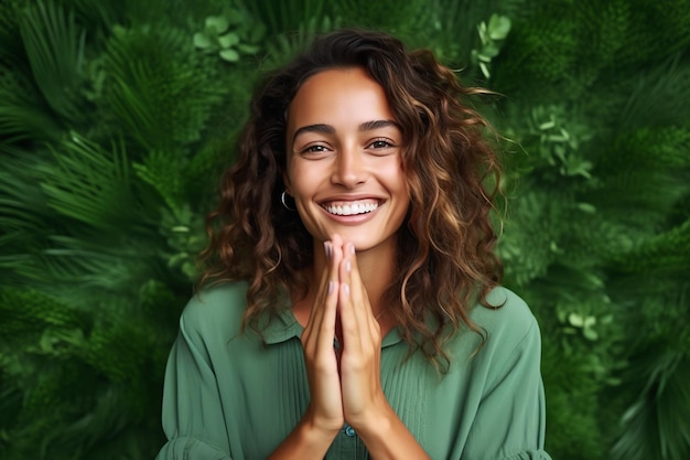 A woman with brown hair and a green shirt is smiling and praying