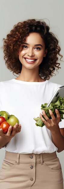 Foto una donna con i capelli castani sorride e tiene in mano un telefono con un display vuoto che fa acquisti online per verdure fresche sta posando su uno sfondo grigio pro