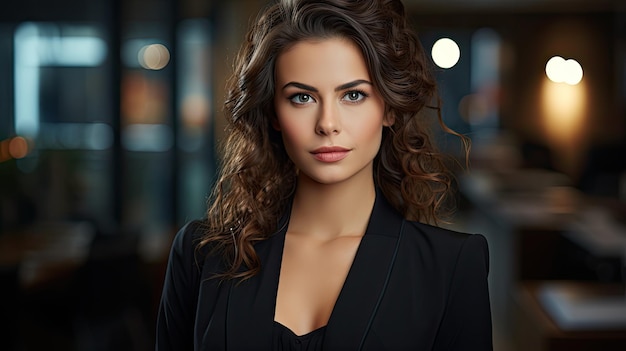 A woman with brown hair wearing a black suit