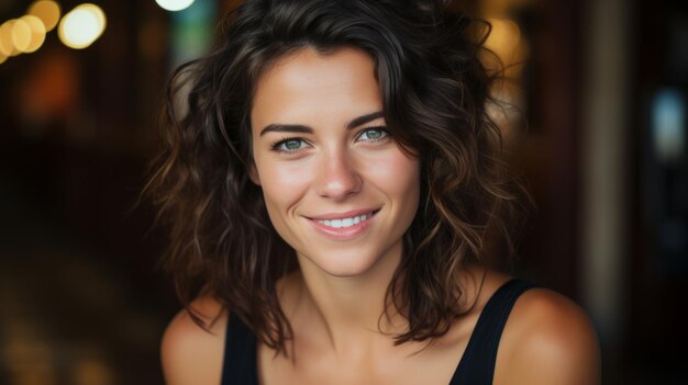 A woman with brown hair wearing a black top