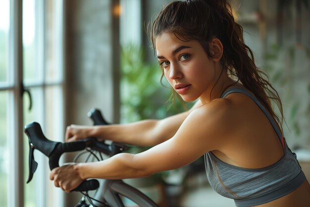 Photo woman with brown hair wearing a gray sports bra holds the handlebars of a stationary bicycle