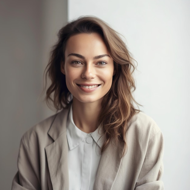 A woman with brown hair and a white shirt is smiling.