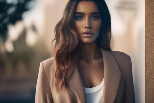 A woman with brown hair and a white shirt stands in front of a wall that says'i love you '