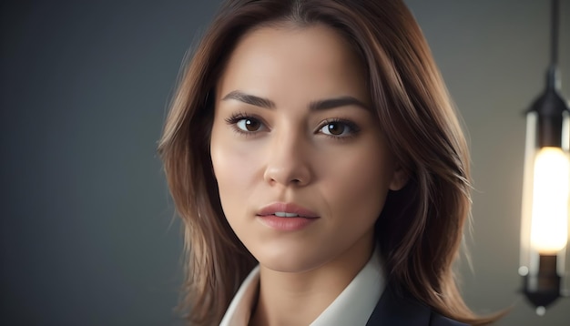 a woman with brown hair and a white shirt