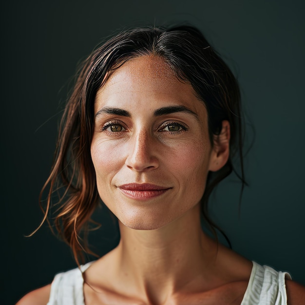 A woman with brown hair and a white tank top