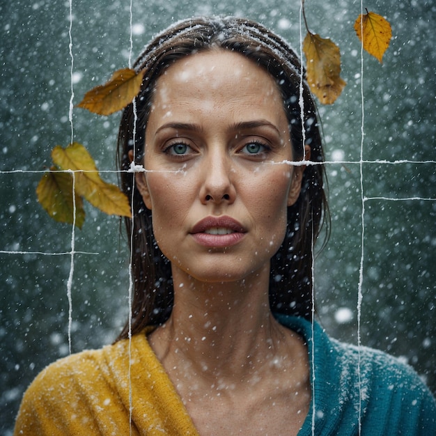 Foto una donna con i capelli marroni e una camicia gialla è in piedi sotto la pioggia con le foglie
