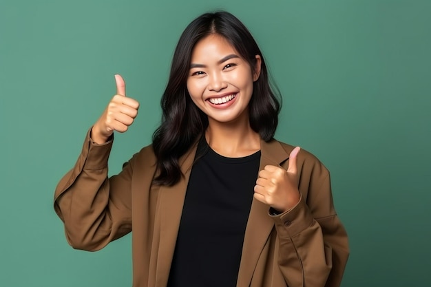 A woman with a brown jacket giving the thumbs up