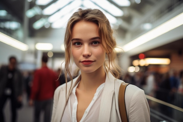 A woman with a brown strap over her shoulder.