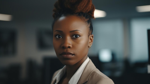 A woman with a brown suit and a tan blazer stands in an office.