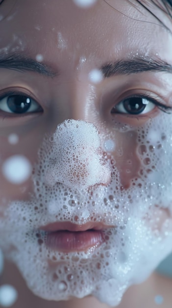 Woman with bubbles on face and nose