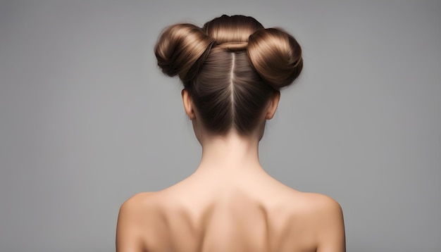 Woman with bun hairstyle on gray background