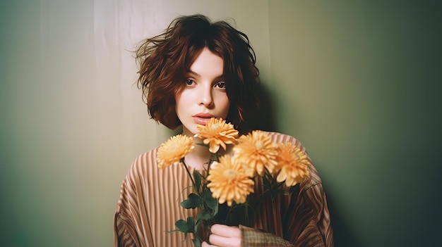 Photo a woman with a bunch of flowers in her hands