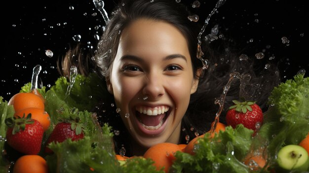 a woman with a bunch of vegetables in front of her face