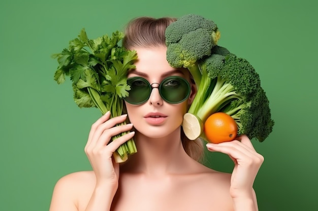 A woman with a bunch of vegetables on her head