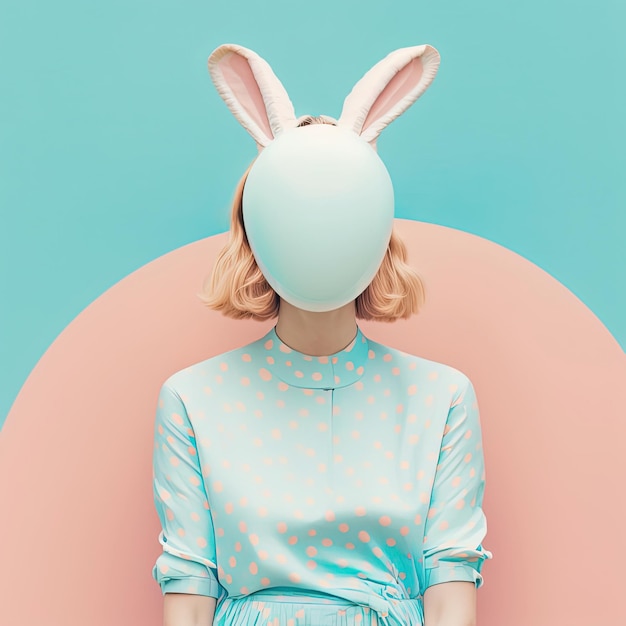 Woman with bunny rabbit head mask pastel fashion background