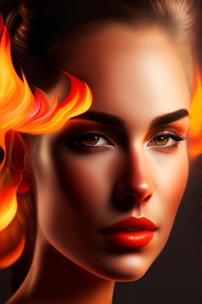 顔が燃える女性がデジタル アート スタイルで表示されます。