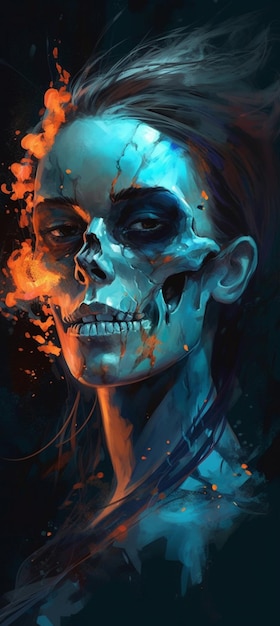 A woman with a burning skull on her face