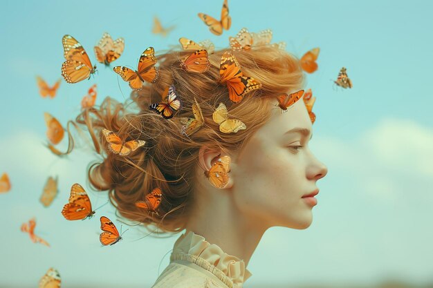 Photo woman with butterflies around her head emotions and mental health concept generative ai