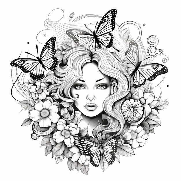 a woman with butterflies and flowers in her hair generative ai