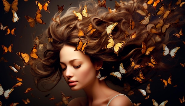 A woman with butterflies on her hair