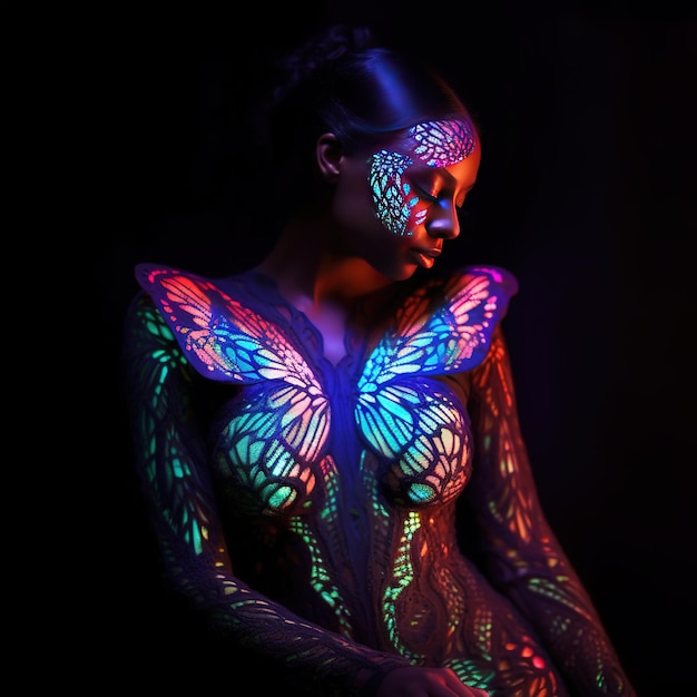 A woman with a butterfly body painting on her body