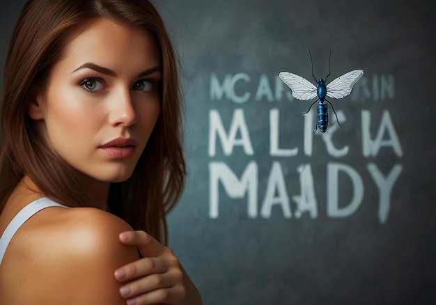 a woman with a butterfly on her shoulder is posing next to a sign that says quot ben quot