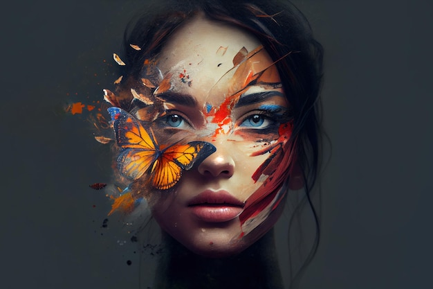 Woman with butterfly springtime concept Generative Ai