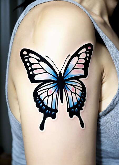 a woman with a butterfly tattoo on her arm