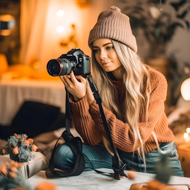 頭にカメラを乗せた女性がクリスマスツリーの写真を撮っています。